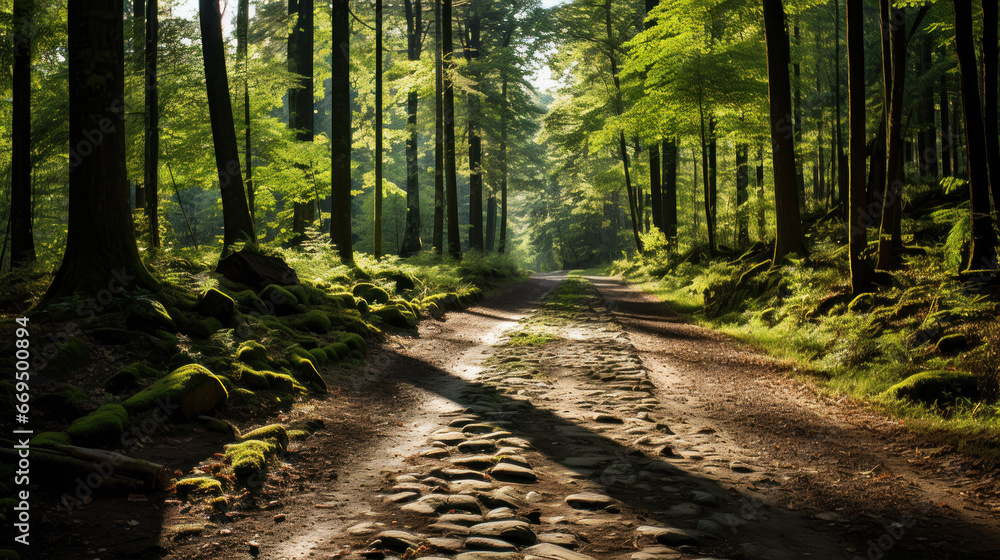 Fototapeta premium Cobblestone path through a sunlit forest