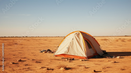 A solitary tent pitched on arid desert land under a clear blue sky