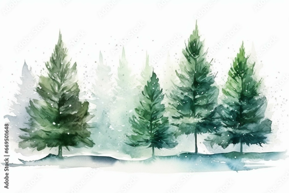 Watercolor fir tree snow green fluffy pine winter snow-covered trees Christmas scene. Generative AI