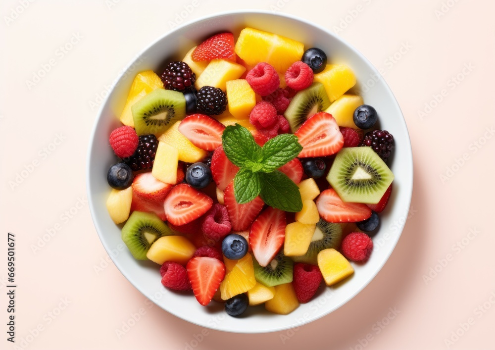 Close up top view bowl of healthy fresh fruit salad on pink, white background.