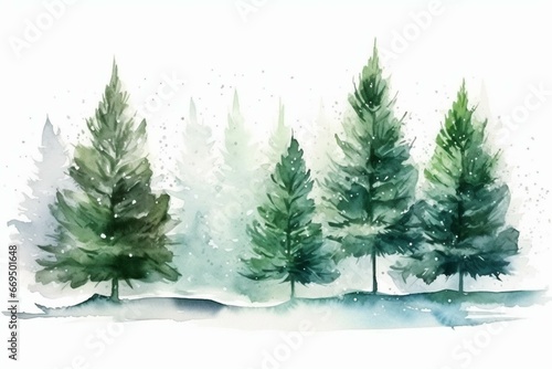 Watercolor fir tree snow green fluffy pine winter snow-covered trees Christmas scene. Generative AI © Esme
