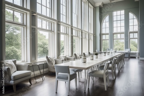 Chic conference space, chairs, table, wide windows. Generative AI
