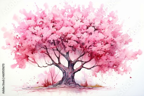 Watercolor illustration of a beautiful cherry blossom tree. Generative AI
