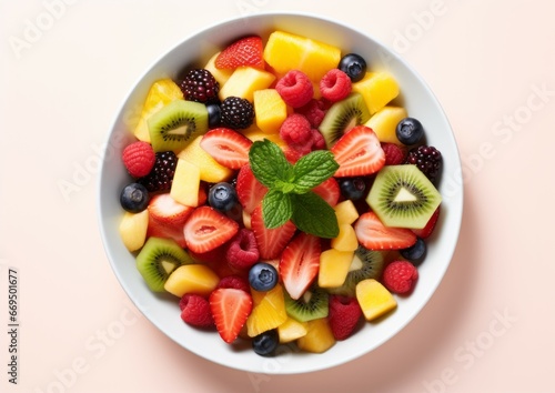 Close up top view bowl of healthy fresh fruit salad on pink, white background.