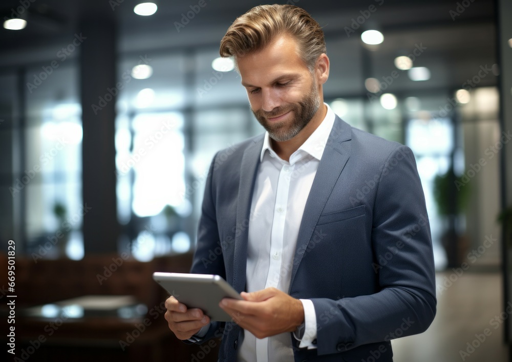 Fototapeta premium Handsome happy middle aged business man, ceo wearing suit standing in office using digital tablet. Smiling mature businessman looking away thinking working on tech device