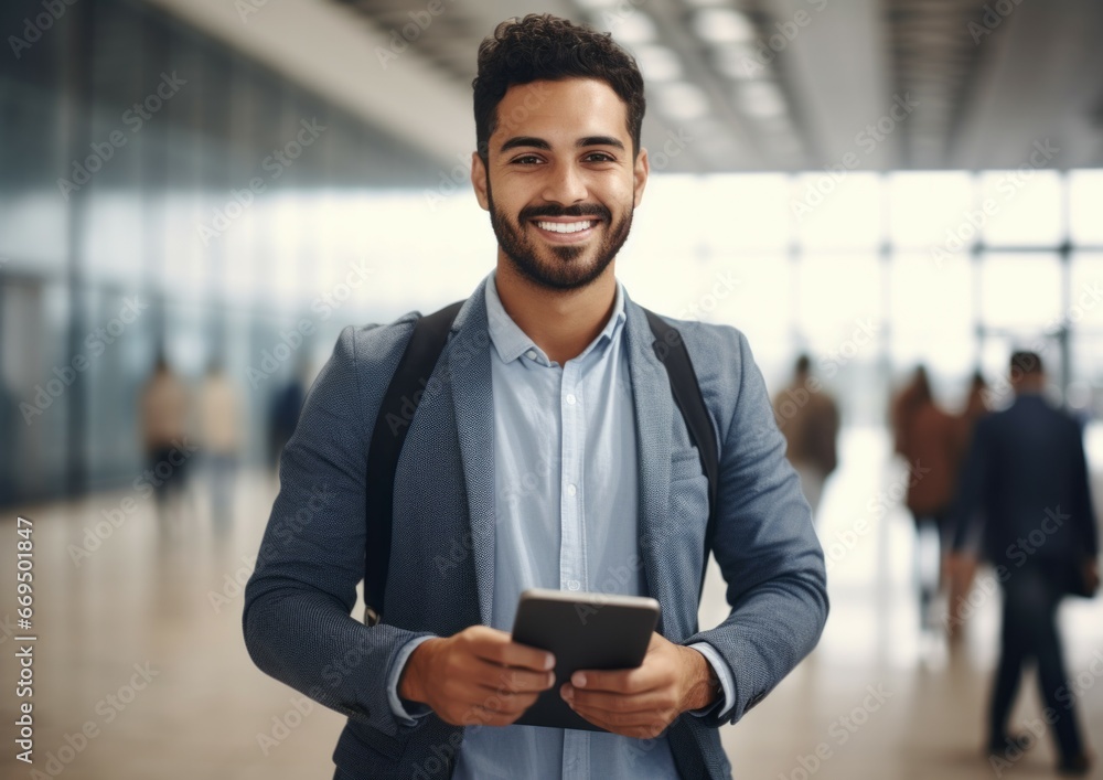 Handsome happy middle aged business man, ceo wearing suit standing in office using digital tablet. Smiling mature businessman looking away thinking working on tech device Handsome happy middle aged business man, ceo wearing suit standing in office using digital tablet. Smiling mature businessman looking away thinking working on tech device