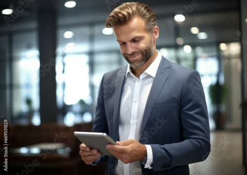 Handsome happy middle aged business man, ceo wearing suit standing in office using digital tablet. Smiling mature businessman looking away thinking working on tech device