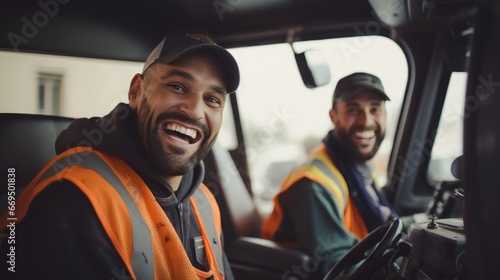 Garbage men driving garbage truck.