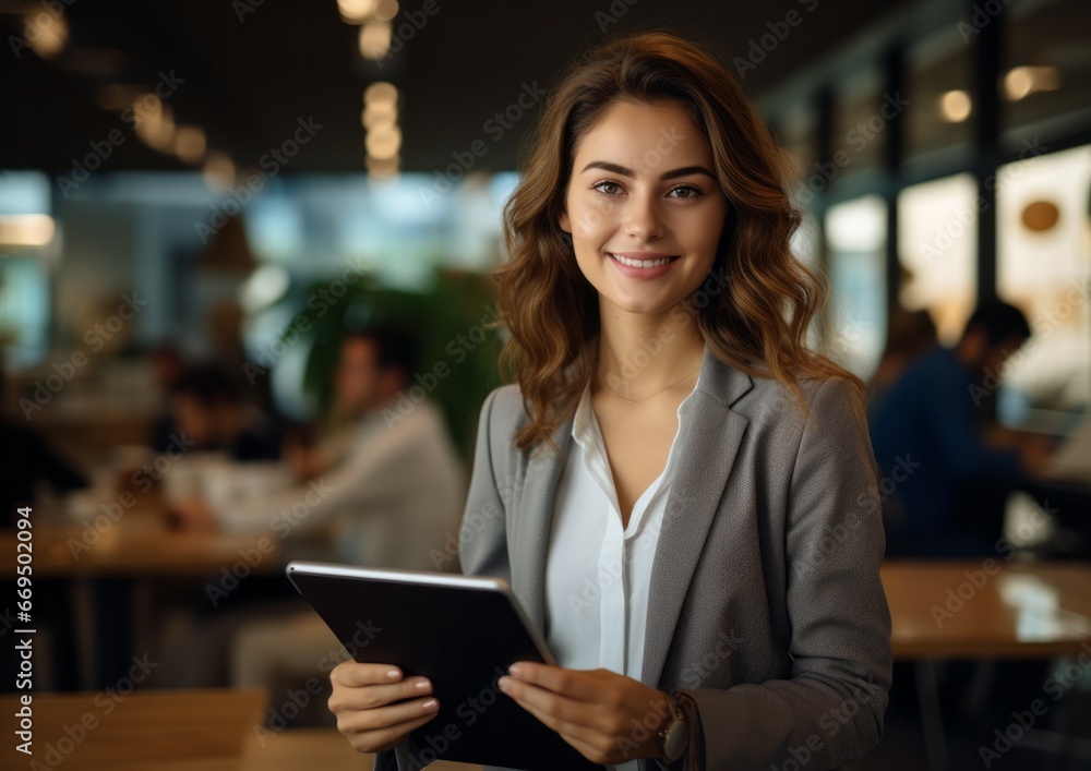 Young beautiful happy business woman working with tablet in corporate office Young beautiful happy business woman working with tablet in corporate office