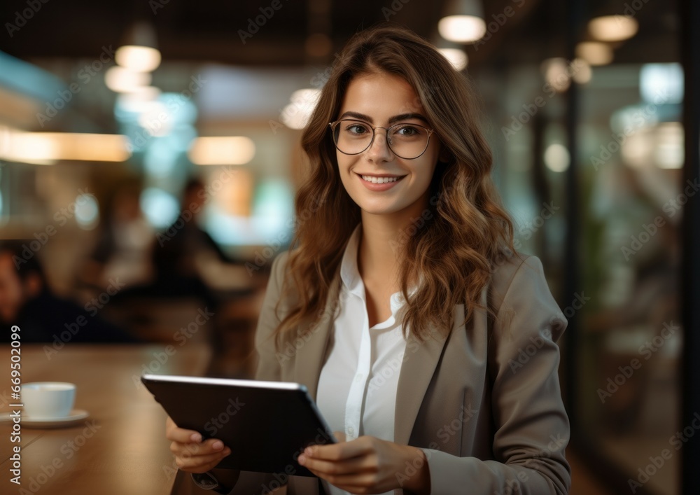Young beautiful happy business woman working with tablet in corporate office Young beautiful happy business woman working with tablet in corporate office