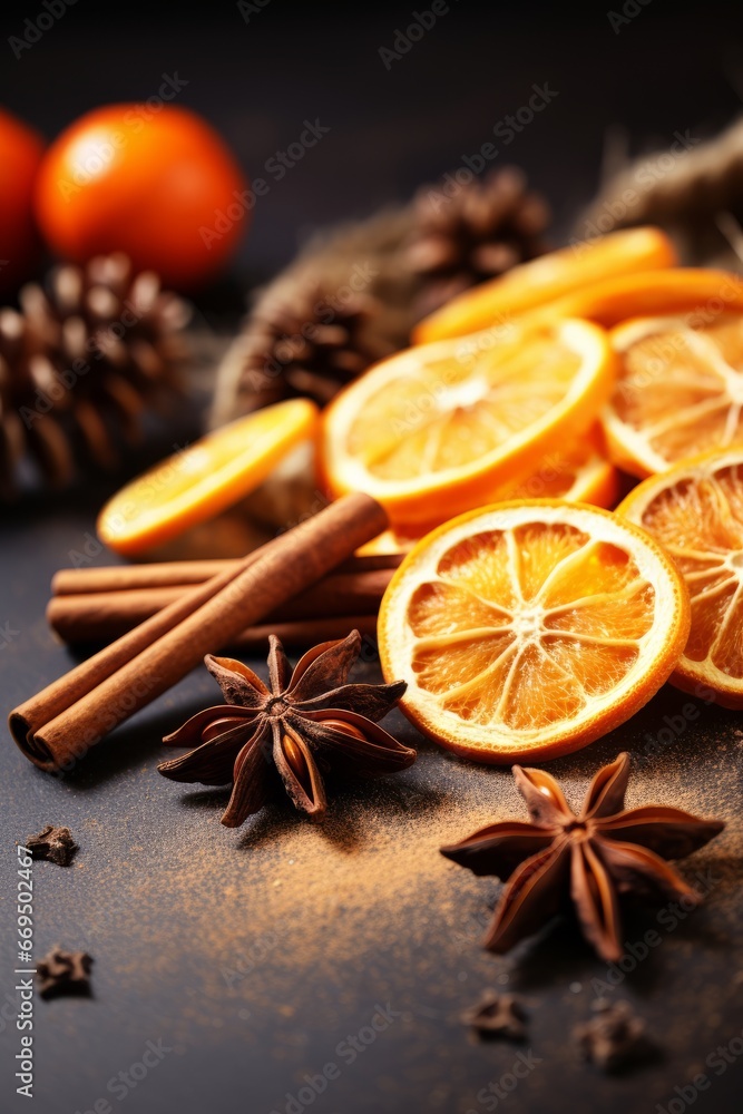 Fototapeta premium Christmas still life with spices and dried orange slices on holiday bokeh background, Generative AI