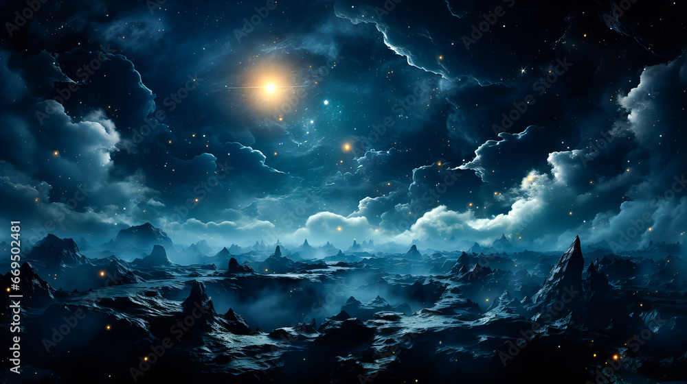 Dramatic landscape of an unknown planet, with high stone mountains, cosmic clouds, smoke, and fire. Dark blue coloring.