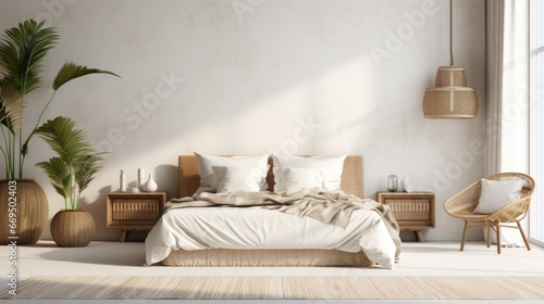 free photo of Front view of a room with a bed and modern wooden night tables mockup