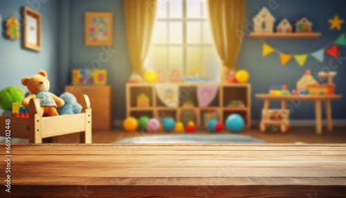 Empty space of wooden table on blurred background of children's room with children's toys, for product display