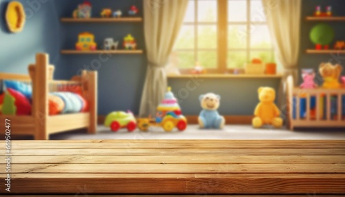 Empty space of wooden table on blurred background of children's room with children's toys, for product display