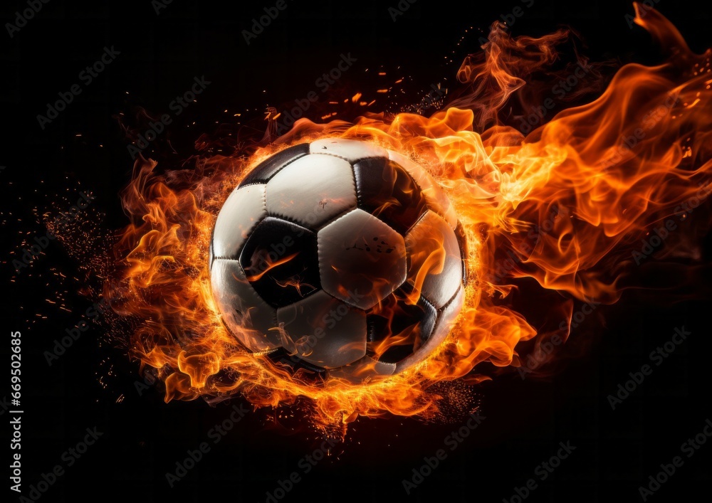Naklejka premium Burning football ball bright flamy symbol abstract on black background 