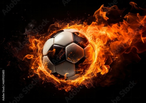 Burning football ball bright flamy symbol abstract on black background 