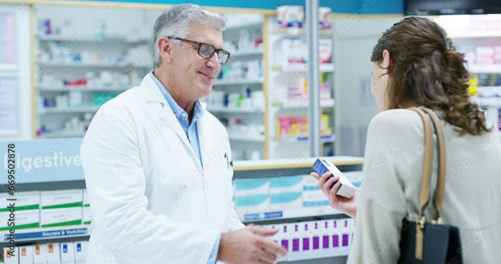 Pharmacist, man and customer in pharmacy with medicine, pills or medication. Healthcare, senior and woman with doctor shopping for drugs, medical product and buying box in retail store with a smile. Pharmacist, man and customer in pharmacy with medicine, pills or medication. Healthcare, senior and woman with doctor shopping for drugs, medical product and buying box in retail store with a smile.