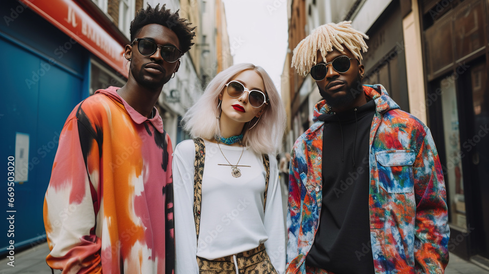 Two boys and a woman with stylish individuals in trendy street fashion, showcasing the diversity and uniqueness of urban culture