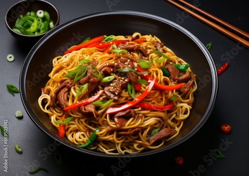 Close up top view stir fry noodles with vegetables and grilled beef in black bowl on dark table, slate background.