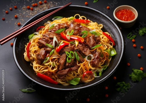 Close up top view stir fry noodles with vegetables and grilled beef in black bowl on dark table, slate background.