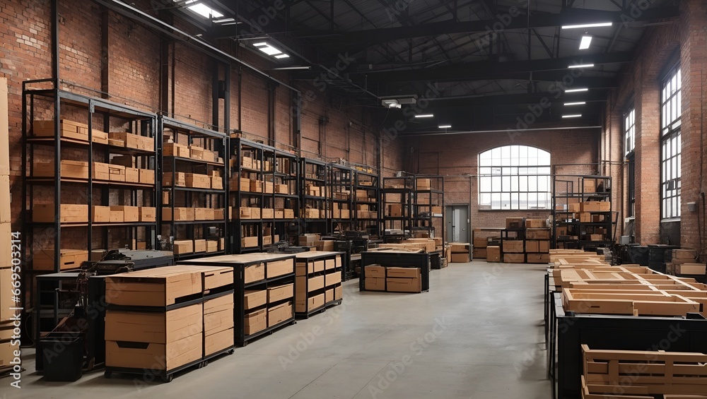 photo of a storage warehouse with lots of shelves and wooden crates made by AI generative photo of a storage warehouse with lots of shelves and wooden crates made by AI generative