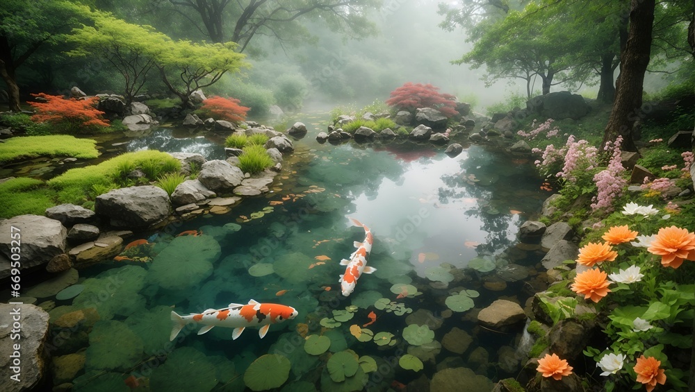 photo of a clear view of a koi fish pond in a garden made by AI generative - obrazy, fototapety, plakaty 