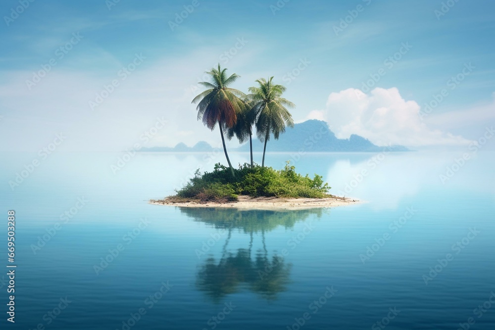 Isolated island with one palm tree, pristine water. Generative AI - obrazy, fototapety, plakaty 