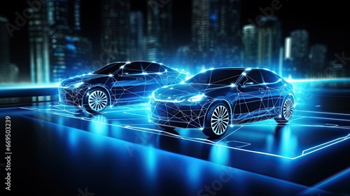 image of AI network connection of futuristic electric glowing cars.