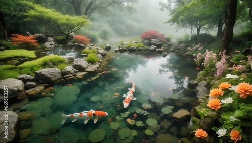 photo of a clear view of a koi fish pond in a garden made by AI generative photo