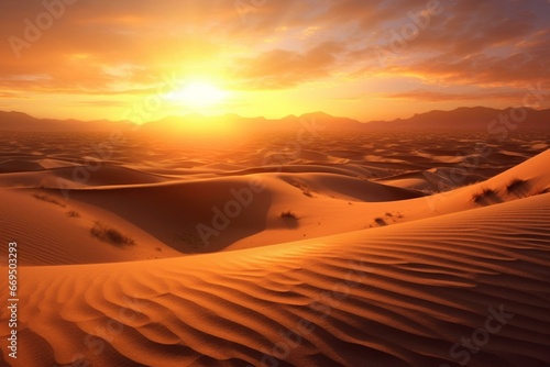 Stunning sand dunes oasis illuminated by a desert sunset. Generative AI