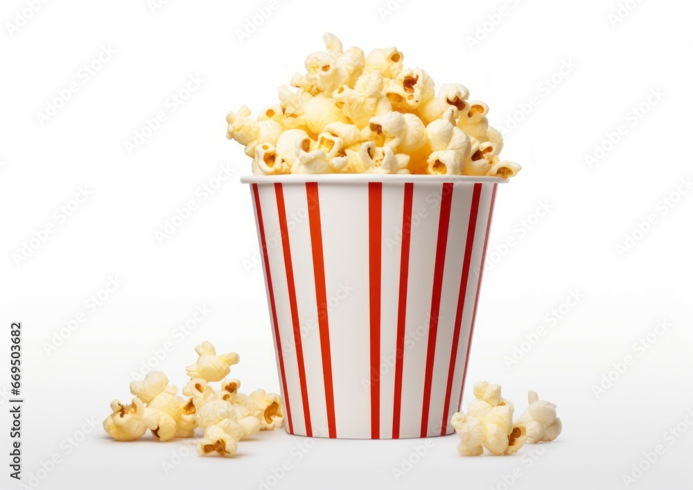 A popcorn viewed red float paper cup with popcorn on white isolated background A popcorn viewed red float paper cup with popcorn on white isolated background