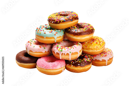 Pile of donuts colourful sprinkles isolated on transparent background.for junk food and dessert food concept.