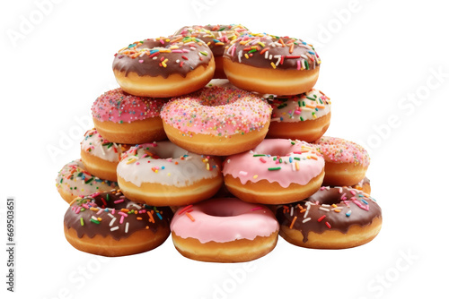 Pile of donuts colourful sprinkles isolated on transparent background.for junk food and dessert food concept.