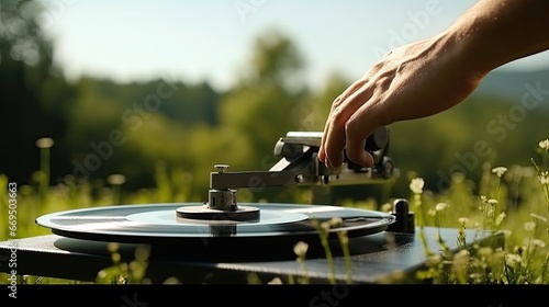 Lifting tone arm of turntable using lift lever. Selective focus. Human hand partially in field of view.