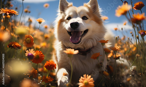 Akita Inu dog surrounded by a field of flowers, happy dog - Generative AI photo