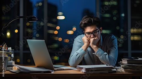Office Worker Working Late and Looking Stressed