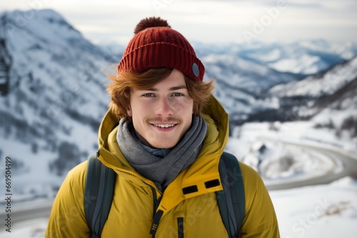 A handsome red-haired young man in a knitted hat walks and smiles in a snowy winter mountains. Happy guy's face portrait close-up front view. Generative AI. Outdoor activities concept.