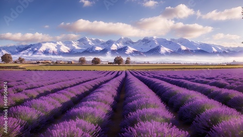photo of a view of a vast lavender plantation with a beautiful snowy mountain backdrop made by AI generative