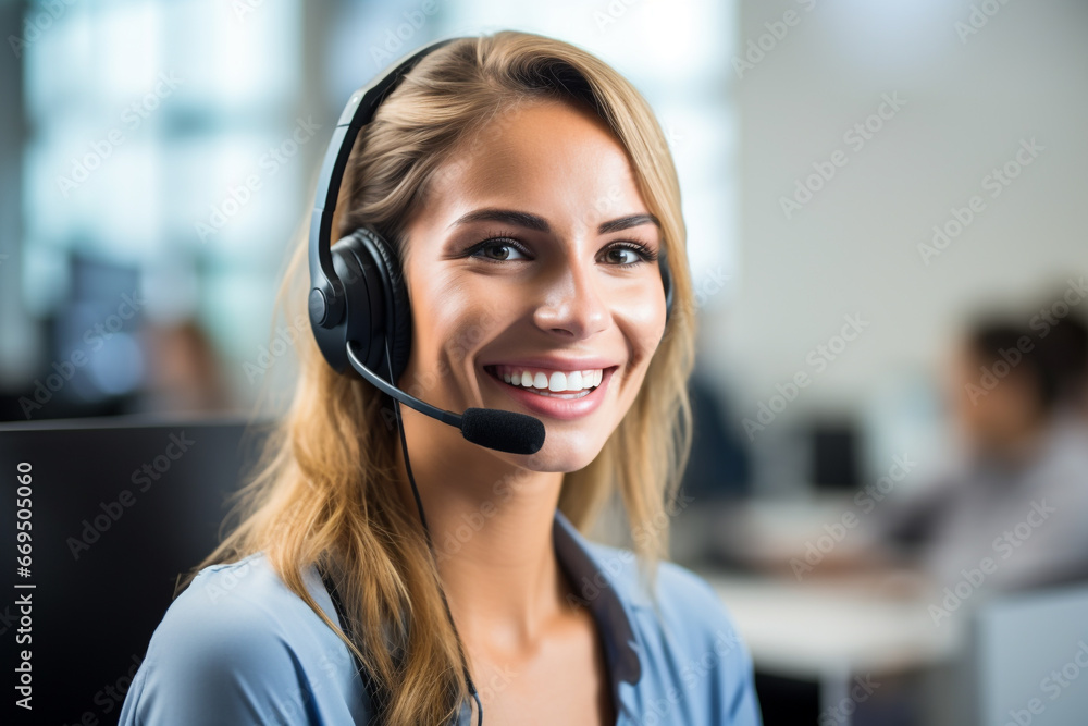 Call-center woman with headset talking on a computer handling incoming and outgoing telephone calls, support, specialized equipment software, agent, customer service information. Call-center woman with headset talking on a computer handling incoming and outgoing telephone calls, support, specialized equipment software, agent, customer service information.