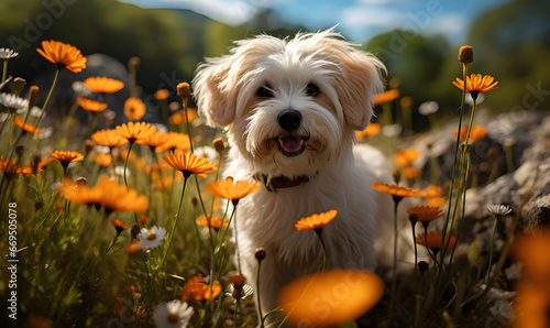 Bichon dog surrounded by a field of flowers, happy dog - Generative AI © Samira