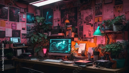  photo of the decoration of the room with many monitors with digital equipment and many posters on the wall are cool made by AI generative