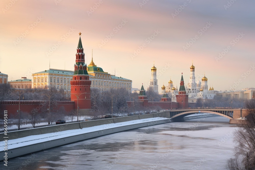 Scenic winter view of Moscow, Russia featuring Kremlin towers. Generative AI