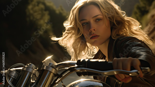 Blonde motorcyclist woman on motorcycle at night. Young driver biker looking away outdoors alone on highway. Ready for trip. Cafe racers, motorbike aesthetics