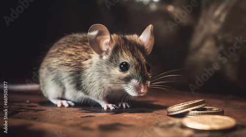 photo of a mouse on a table with coins next to it