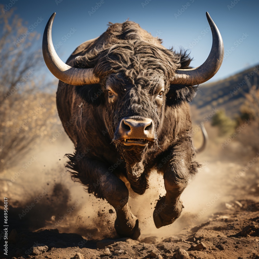 Bison in the steppe. Bison in the steppe. Bison running in the mud. Wild animal. 3d rendering