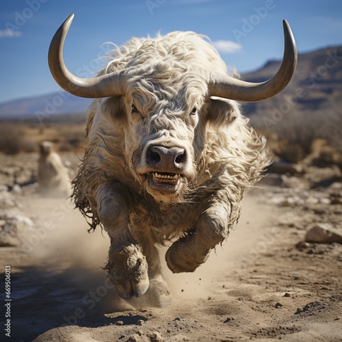 Bison in the steppe. Bison in the steppe. Bison running in the mud. Wild animal. 3d rendering photo