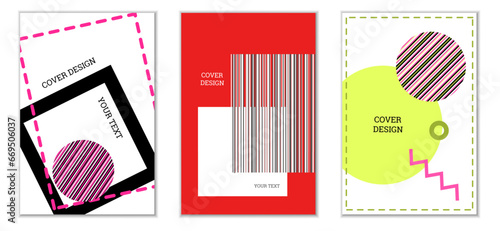 Geometric cover design, set of 3 covers. Abstract unusual background in Memphis style. Bright geometric shapes in random order