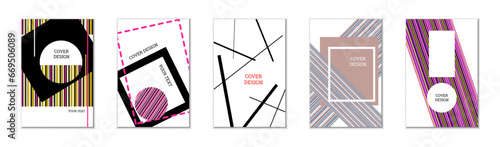 Geometric cover design, set of 5 covers. Abstract unusual background in Memphis style. Bright geometric shapes in random order