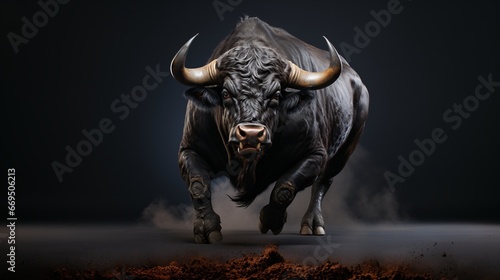 Black buffalo with big horns.